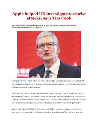 Apple helped UK investigate terrorist attacks, says Tim Cook | Business Standard News
