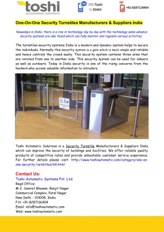 One-On-One Security Turnstiles Manufacturers & Suppliers India