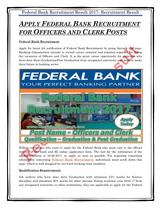 APPLY FEDERAL BANK RECRUITMENT FOR OFFICERS AND CLERK POSTS