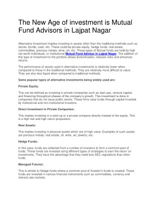 The New Age of investment is Mutual Fund Advisors in Lajpat Nagar