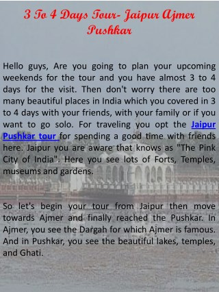 3 to 4 Days Tour - Jaipur Ajmer Pushkar