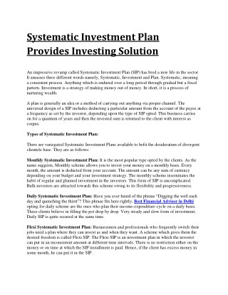 Systematic Investment Plan Provides Investing Solution