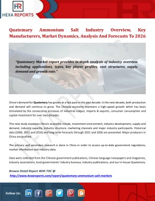 Quatemary ammonium salt industry overview, key manufacturers, market dynamics, analysis and forecasts to 2026