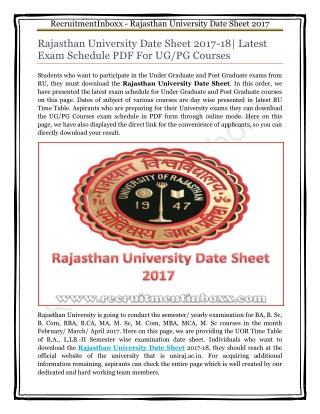 Rajasthan University Date Sheet