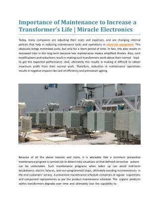 Importance of Maintenance to Increase a Transformer’s Life | Miracle Electronics