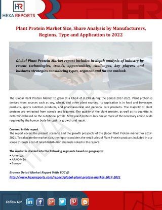 Plant Protein Market Size, Share Analysis by Manufacturers, Regions, Type and Application to 2021