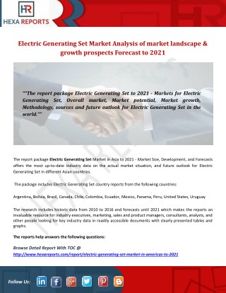 Electric generating set market analysis of market landscape &amp; growth prospects forecast to 2021
