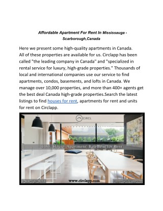 Affordable Apartment For Rent In Mississauga Scarborough,Canada