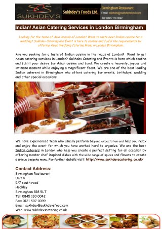 Indian Asian Catering Services in London Birmingham