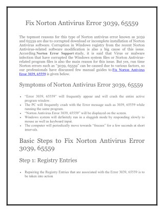 Norton Support 1800-431-268 to Fix Norton Antivirus Error 3039, 65559