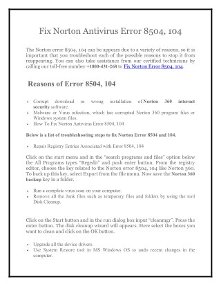 Norton Support 1800-431-268 to Fix Norton Antivirus Error 8504 104