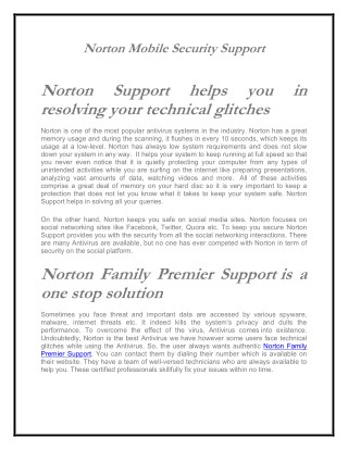 Support 1800-431-268 for Norton Mobile Security & Norton Family Premier