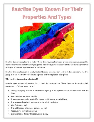 Reactive Dyes Known For Their Properties And Types