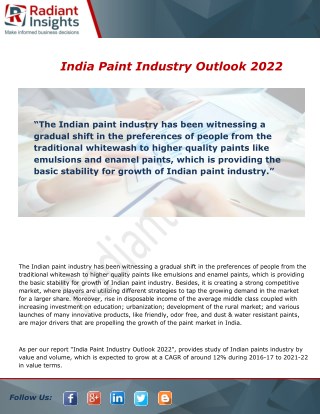 India Paint Industry Growth, Analysis and Forecast Report To 2022