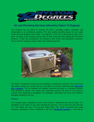 AC and Plumbing Services offered by Hylton 72 Degrees