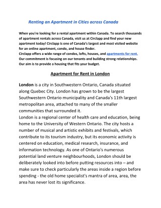 Renting an Apartmentin Cities across Canada