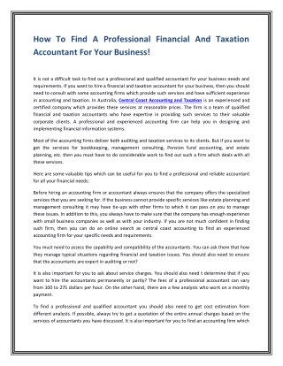 How To Find A Professional Financial And Taxation Accountant For Your Business!