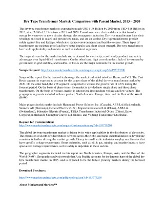 Dry Type Transformer Market: Comparison with Parent Market, 2013 – 2020