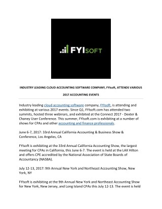 INDUSTRY LEADING CLOUD ACCOUNTING SOFTWARE COMPANY, FYIsoft, ATTENDS VARIOUS 2017 ACCOUNTING EVENTS