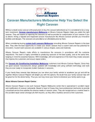 Caravan Manufacturers Melbourne Help You Select the Right Caravan