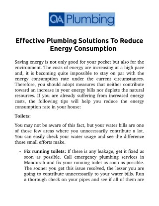 Effective Plumbing Solutions To Reduce Energy Consumption