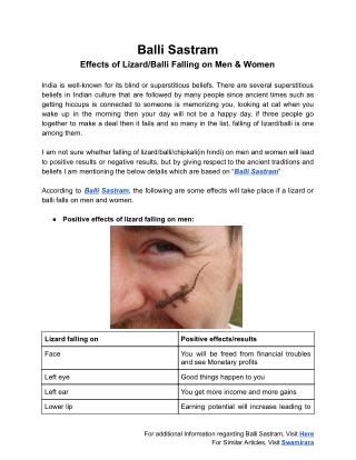 Balli Sastram (బల్లి శాస్త్రం) - Effects Of Lizard Falling on Humans