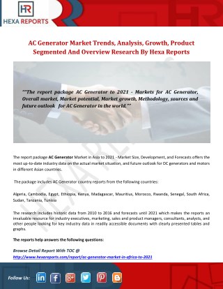 Ac generator market trends, analysis, growth, product segmented and overview research