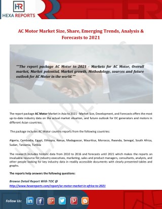 Ac motor market size, share, emerging trends, analysis and forecasts to 2021