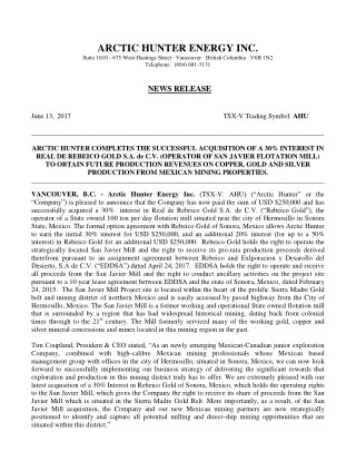 Arctic Hunter Energy Inc. (TSX-V: AHU) NEWS RELEASE on June 13th, 2017