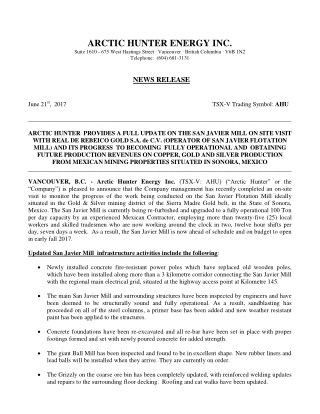 Arctic Hunter Energy Inc. (TSX-V: AHU) NEWS RELEASE on June 21st, 2017