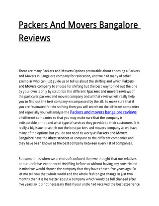 Packers And Movers Bangalore Reviews