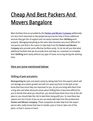 Cheap And Best Packers And Movers Bangalore