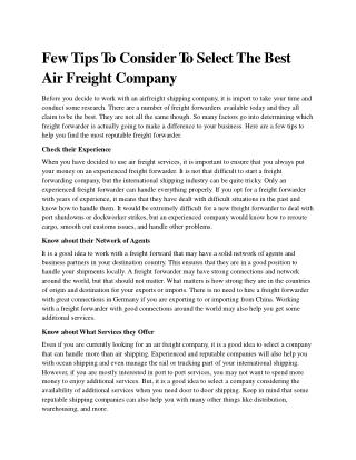 Few Tips To Consider To Select The Best Air Freight Company