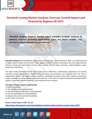 Nonstick Coating Market Analysis, Forecast, Growth Impact and Demand by Regions till 2021