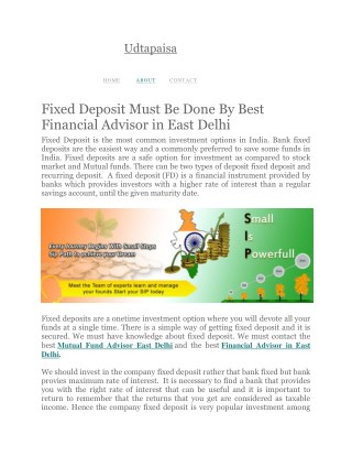 Fixed Deposit Must Be Done By Best Financial Advisor in East Delhi