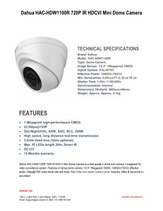 Dahua HAC-HDW1100R 720P IR HDCVI Mini Dome Camera