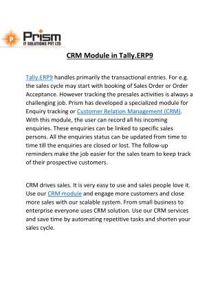 A PDF on CRM module in Tally.ERP9|By PrismIT