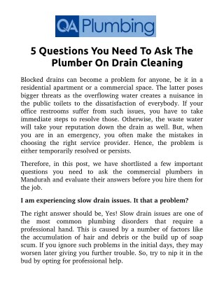 5 Questions You Need To Ask The Plumber On Drain Cleaning