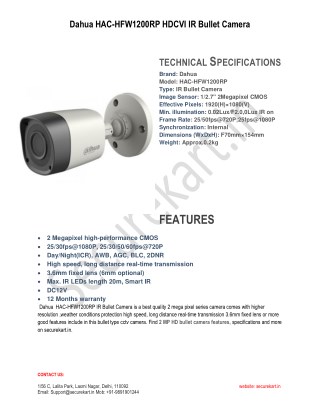 Features of Dahua HAC-HFW1200RP IR Bullet Camera