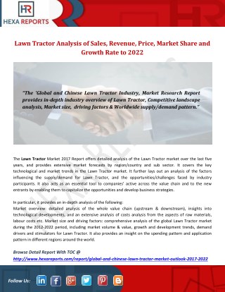 Lawn Tractor Analysis of Sales, Revenue, Price, Market Share and Growth Rate to 2022