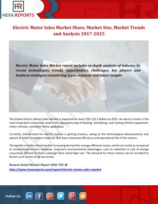 Electric Motor Sales Market to 2025 with Top Manufacturers Profile, Supply & Analysis