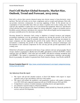 Fuel Cell Market Global Scenario, Market Size, Outlook, Trend And Forecast, 2015-2024