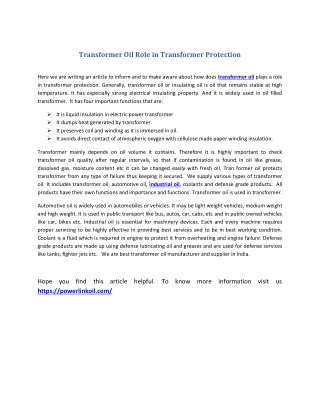 Transformer Oil Role in Transformer Protection