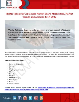 Plastic Takeaway Containers Market: In-depth Study by Manufacturers, Regions, Type and Application to 2022