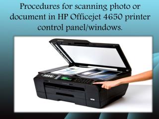 Procedures for scanning photo or document in HP Officejet 4650 printer control panel/windows.