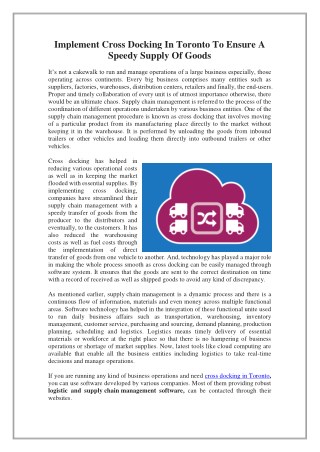 Implement Cross Docking In Toronto To Ensure A Speedy Supply Of Goods