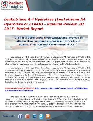 Leukotriene A 4 Hydrolase (Leukotriene A4 Hydrolase or LTA4H) - Pipeline Review, H1 2017- Market Report
