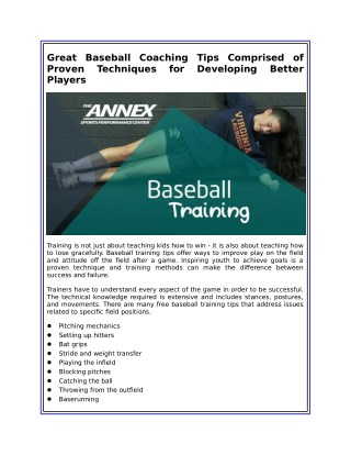 Great Baseball Coaching Tips Comprised of Proven Techniques for Developing Better Players