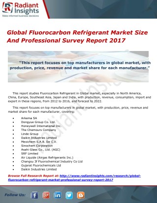 Global Fluorocarbon Refrigerant Market Size And Professional Survey Report 2017