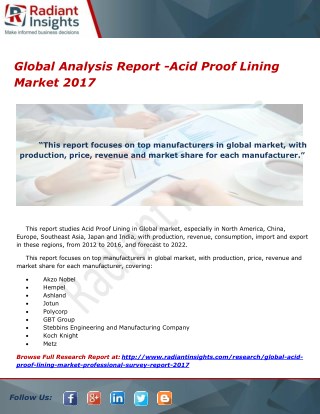 Global Analysis Report -Acid Proof Lining Market 2017